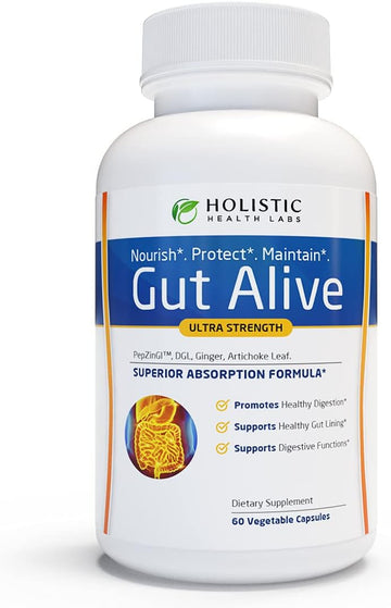 Holistic Health Labs Gut Alive - All Natural Support to Fight IBS, Heartburn, Acid Indigestion, Acid Reflux, Bloating & Gas. Unique Formulation (60 Count (Pack of 1))