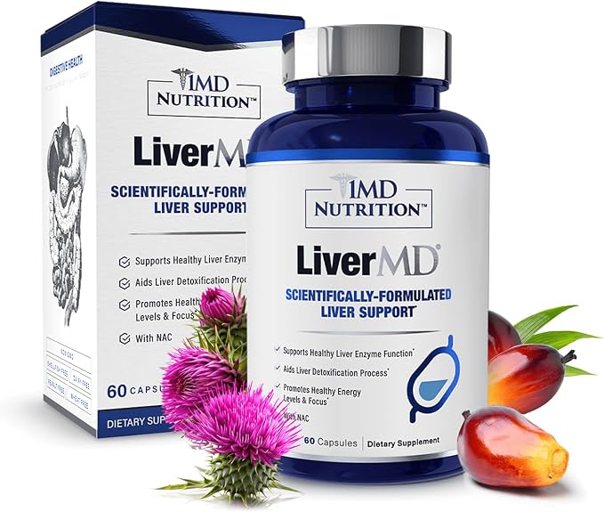 1MD Nutrition LiverMD - Liver Support Supplement | Siliphos Milk Thistle Extract & NAC - Supports Healthy Energy, Immunity & Overall Health - Liver Cleanse & Support | 60 Capsules