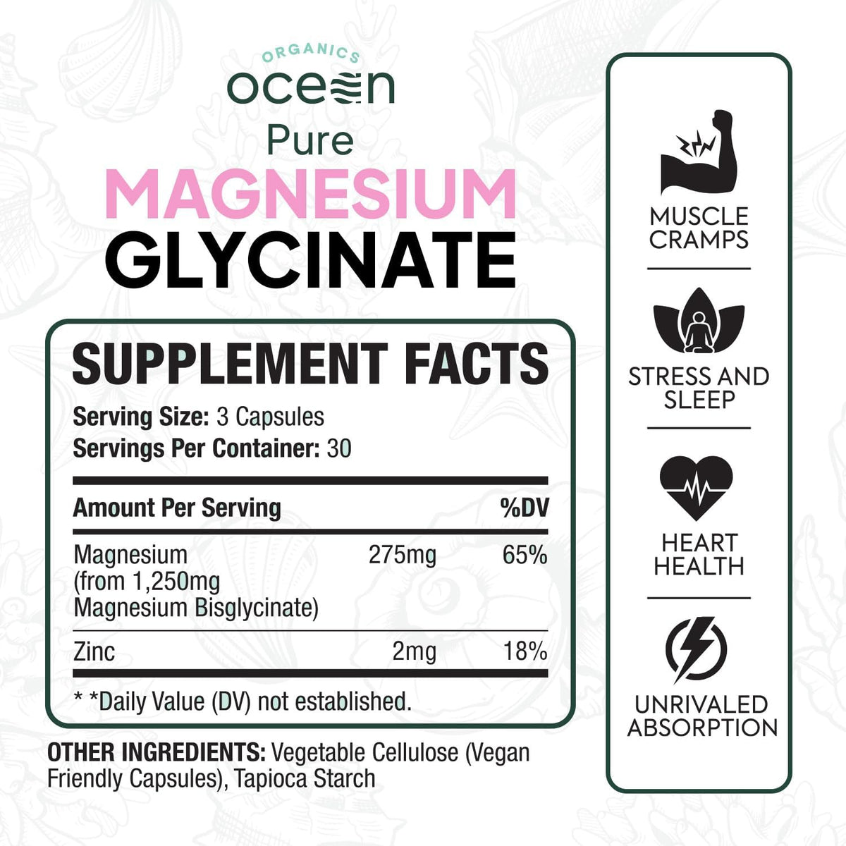 Organics Ocean Pure Magnesium Glycinate Supplement with Zinc, 90 Capsules