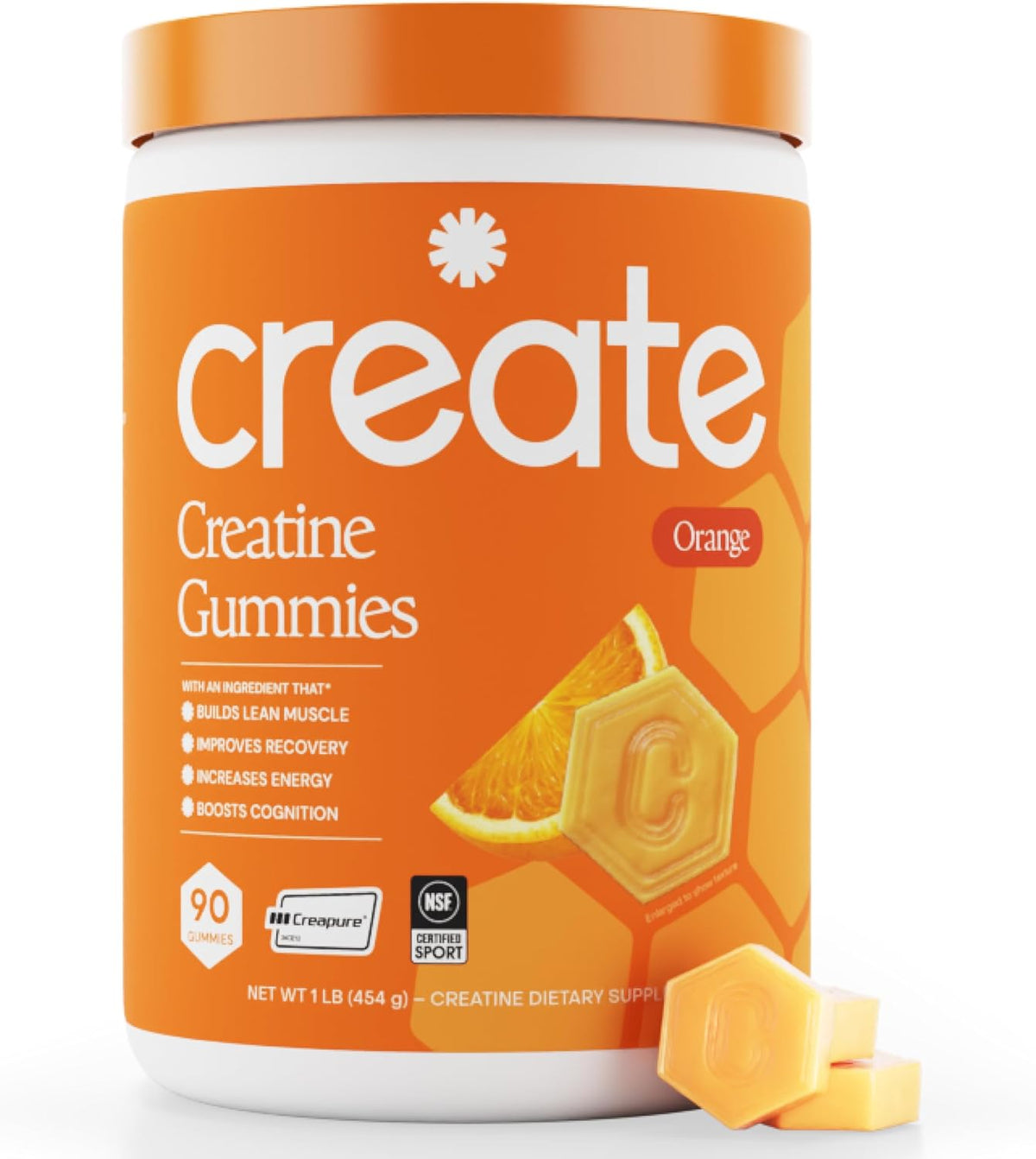 Create Creatine Monohydrate Gummies for Men & Women, Boost Focus, Strength, and Endurance, Anti-Melting Formula, Vegan, Gluten-Free, Non-GMO, 1.5g of Creatine per Gummy (Orange)