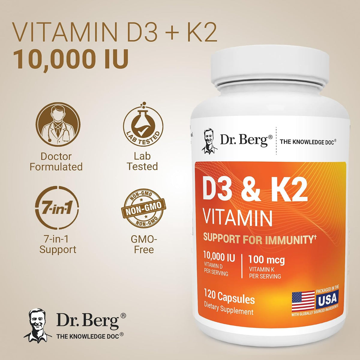 Dr. Berg Maximum Strength 7-in-1 Vitamin D3 K2 10,000 IU | Naturally Derived D3 | 4X Lab-Tested & Verified | High Absorption Formula | K2 D3 Vitamin Supplement | 120 Capsules