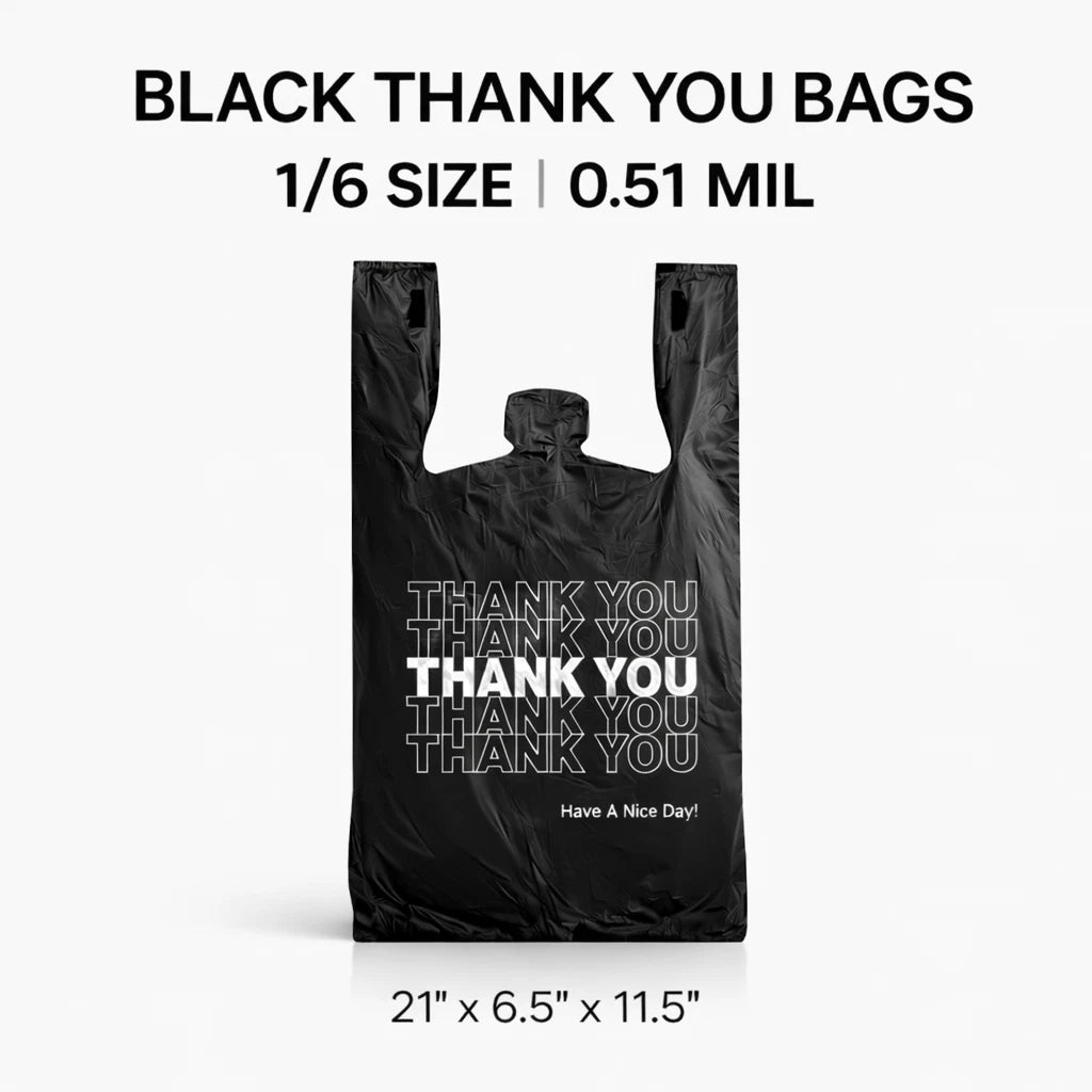 Black 1/6 Thank You T-Shirt Plastic Bags 21x6.5x11.5 0.51 Mil 500 PCS