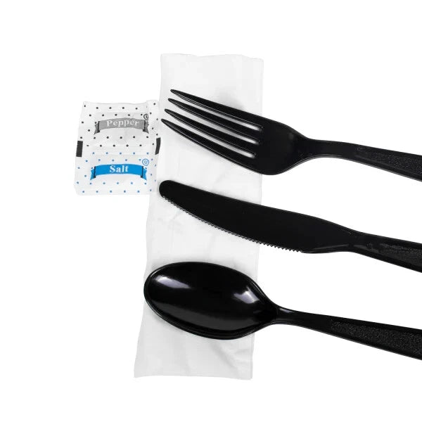 Karat PS Plastic Heavy Weight Cutlery Kits with Salt and Pepper - Black - 250 ct