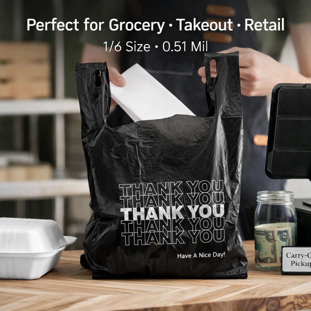 Black 1/6 Thank You T-Shirt Plastic Bags 21x6.5x11.5 0.51 Mil 500 PCS