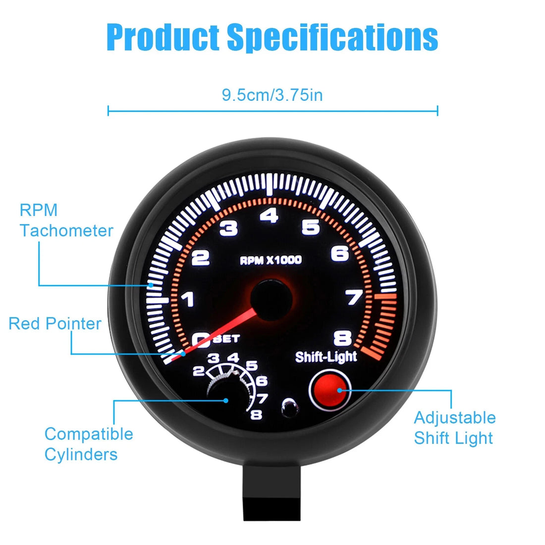 Universal Car Tachometer Gauge Tacho Meter with LED Shift Light 0-8000 RPM 3.75"