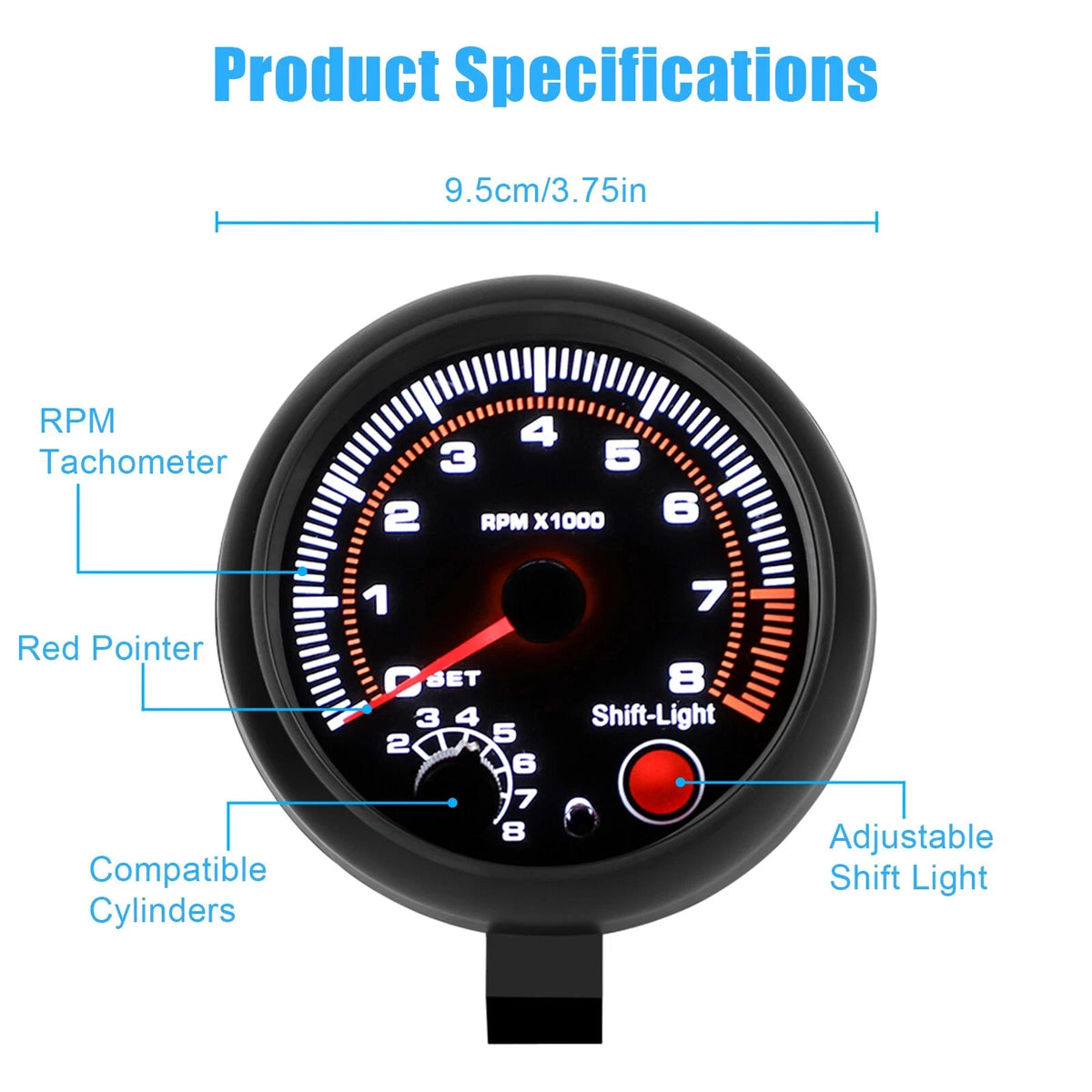 Universal Car Tachometer Gauge Tacho Meter with LED Shift Light 0-8000 RPM 3.75"
