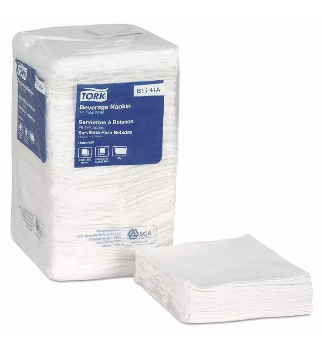 Universal Beverage Napkin, 1-Ply,9.125X9.125, 1/4 Fold,Poly-Pack,White, 4000/Ct