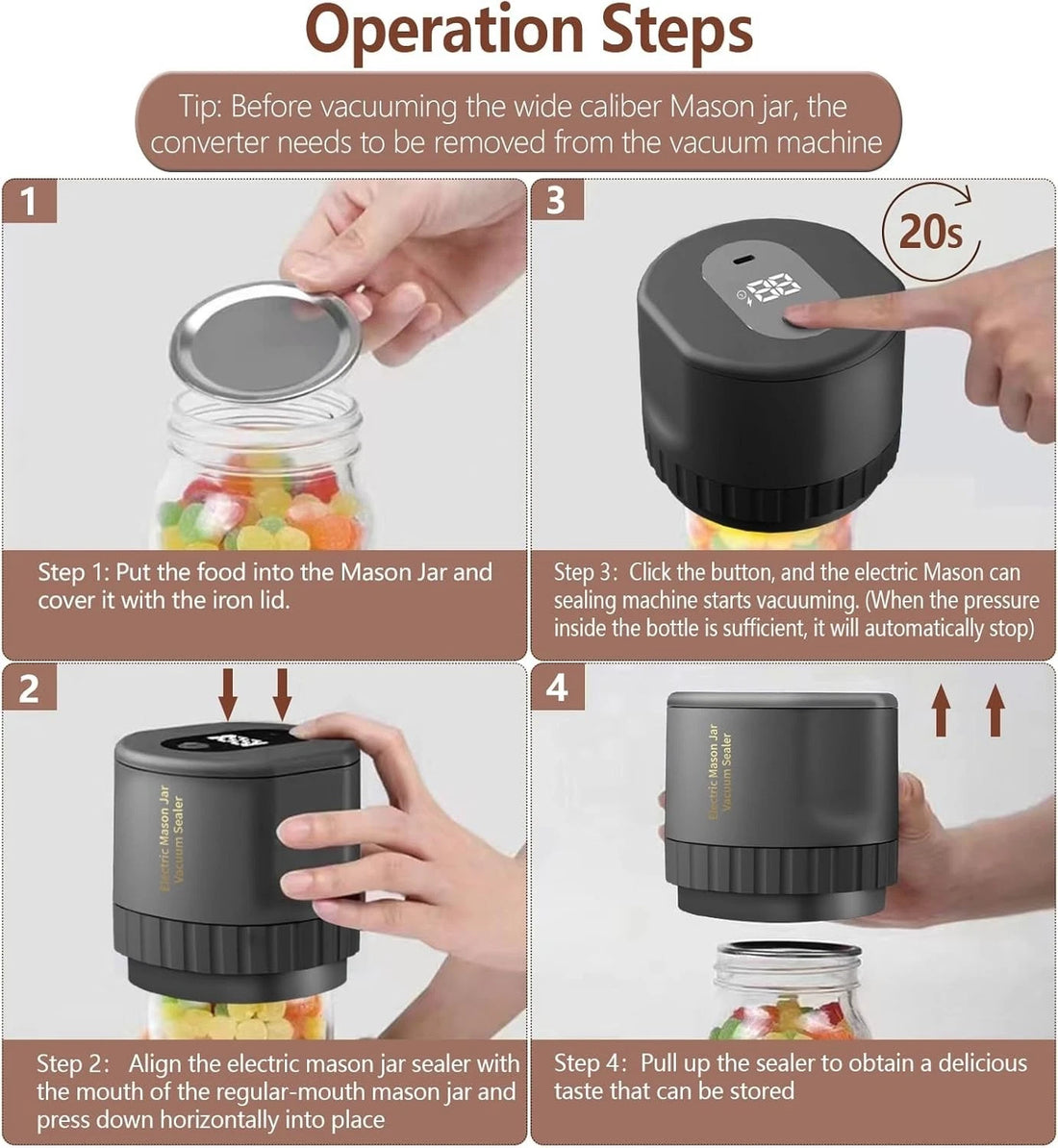 Mason Jar Vacuum Sealer 3 in 1 Electric Mason Jar Vacuum Sealer Kit (Black)