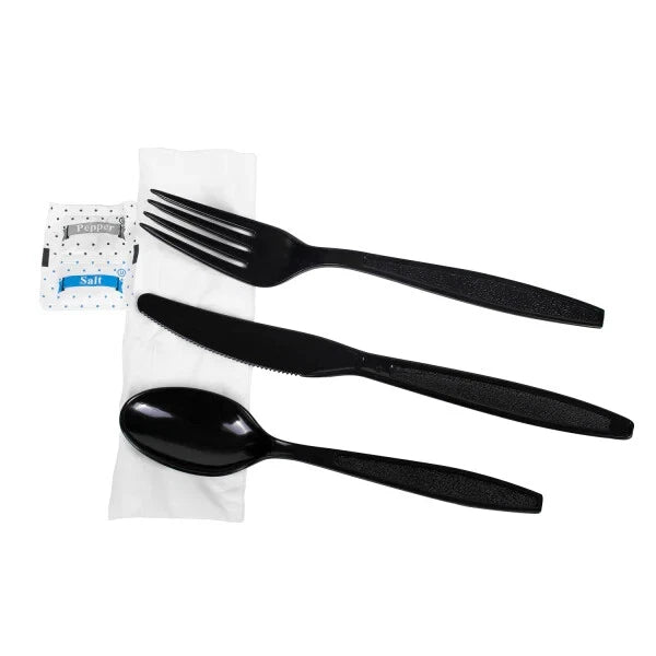 Karat PS Plastic Heavy Weight Cutlery Kits with Salt and Pepper - Black - 250 ct