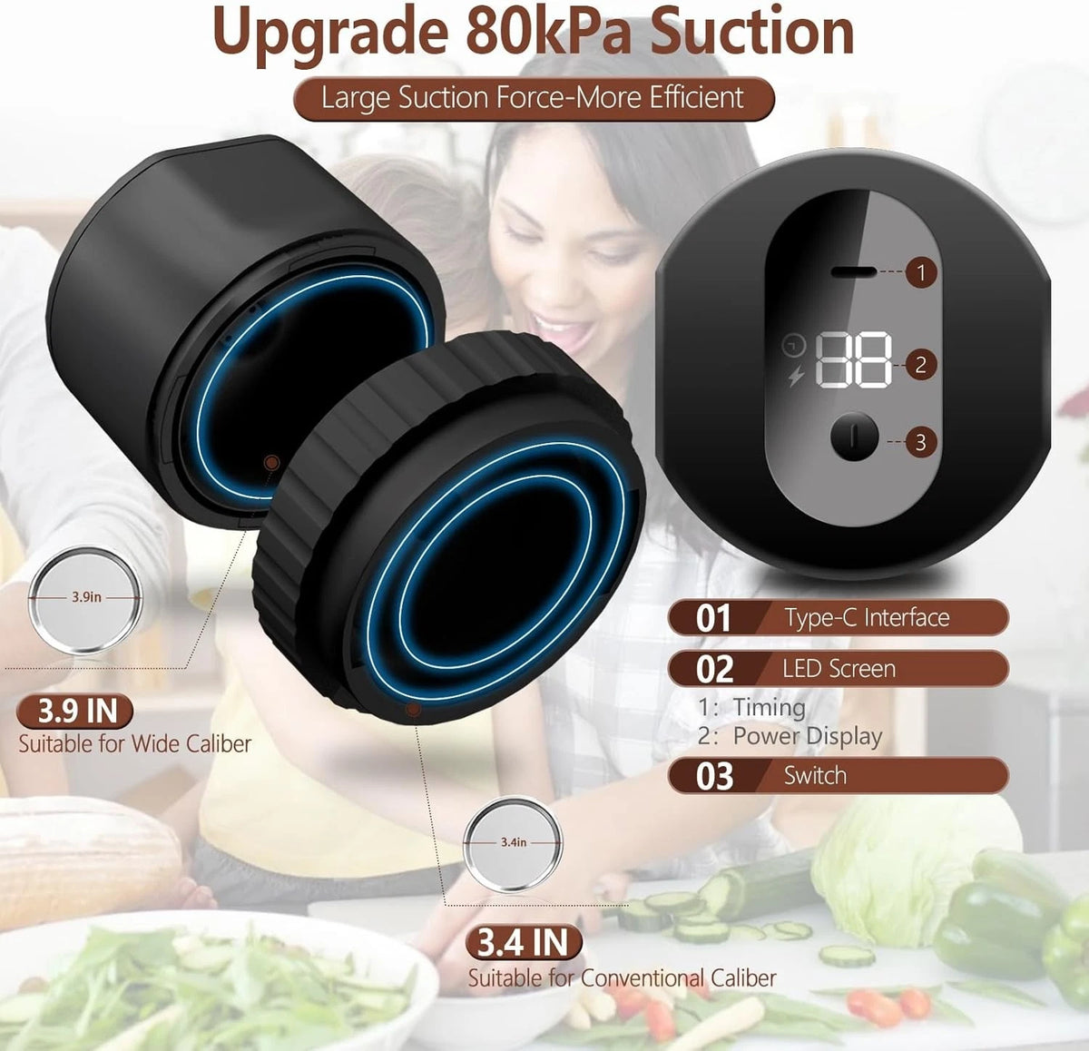 Mason Jar Vacuum Sealer 3 in 1 Electric Mason Jar Vacuum Sealer Kit (Black)