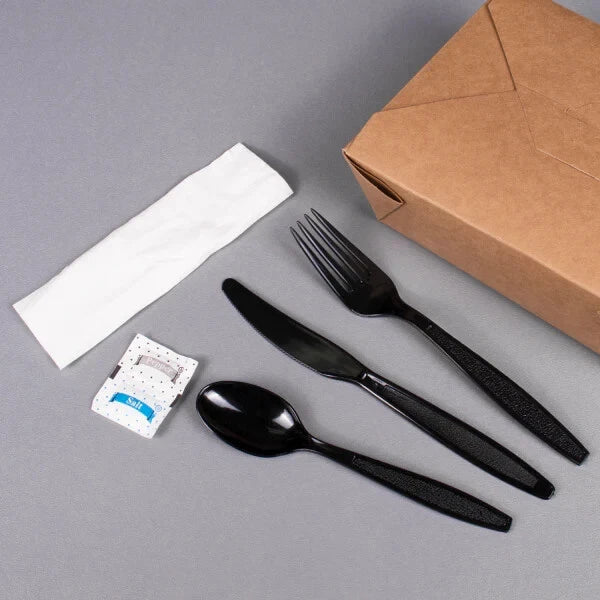 Karat PS Plastic Heavy Weight Cutlery Kits with Salt and Pepper - Black - 250 ct
